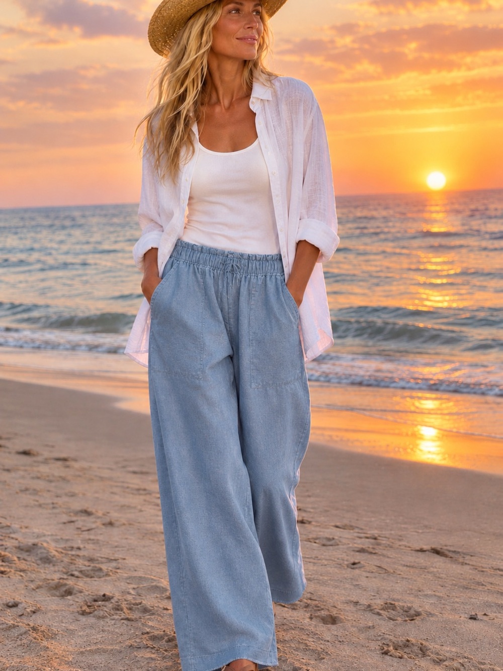 Cynthia Rowley Light Blue Wide-Leg Linen-Blend Pants